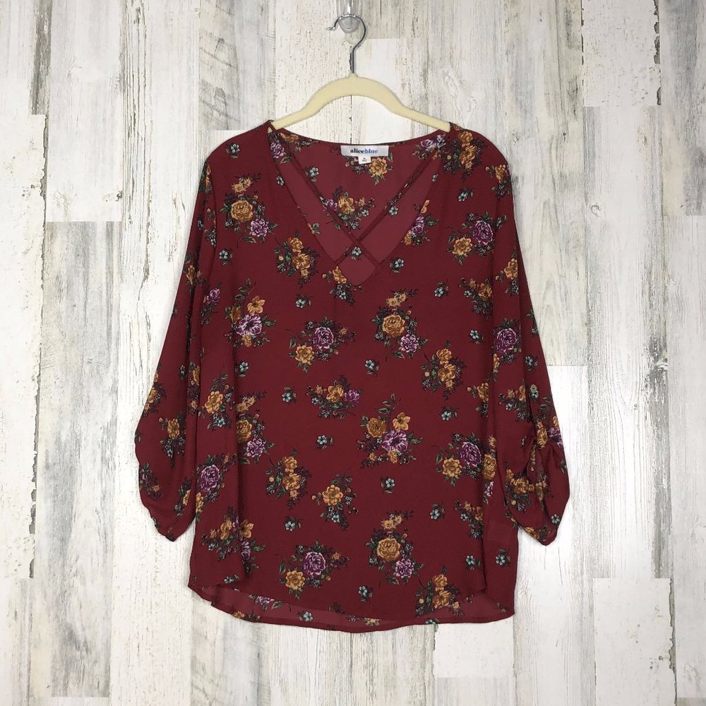 Alice Blue Womens Red Sheer Floral V Neck Top Sz M
